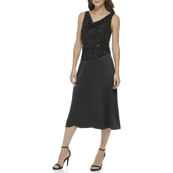 womens Mix Media Satin Back Crepe Cowl Neck Dress