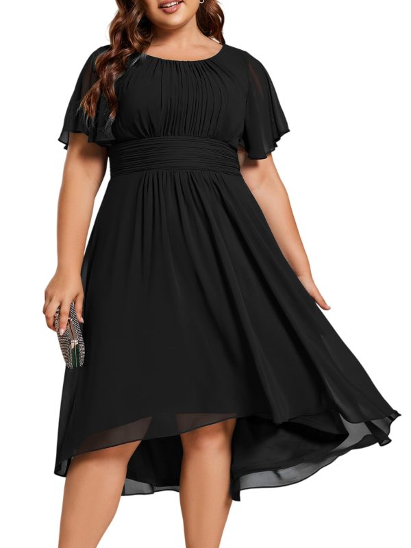 Women's A Line Crew Neck Short Sleeves Pleated Elastic Back Chiffon Midi Plus Size High Low Wedding Guest Dresses