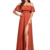 Women's Elegant Off The Shoulder Side Split High Waist Flowy Chiffon Maxi Bridesmaid Dress 00968