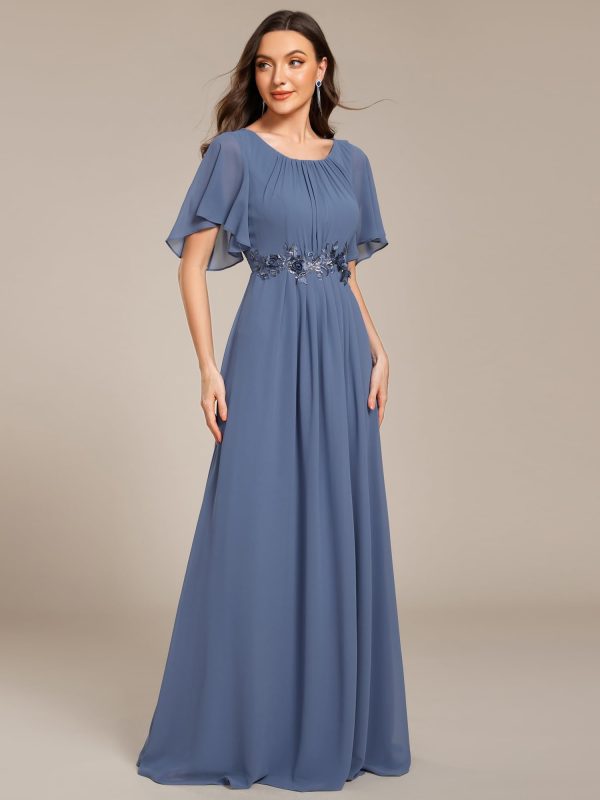 61bmEAIwMtL.jpg Women's Classic Round Neck Pleated Short Sleeves Chiffon Appliques Floor Length A Line Evening Dresses 02960