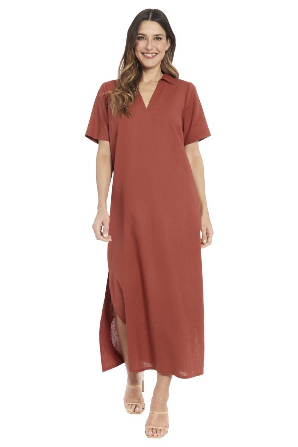 Women's Linen Maxi, Collared V-Neck and Slits | Versatile Summer and Casual Dresses