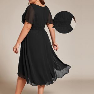 Women's A Line Crew Neck Short Sleeves Pleated Elastic Back Chiffon Midi Plus Size High Low Wedding Guest Dresses
