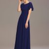 Women's Classic Round Neck Short Sleeves Chiffon Floor Length Bridesmaid Dress 01840-PH