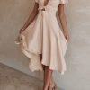 Womens Satin V Neck Ruffle Short Sleeve Tie Front High Waist Midi A-Line Maxi Dresses