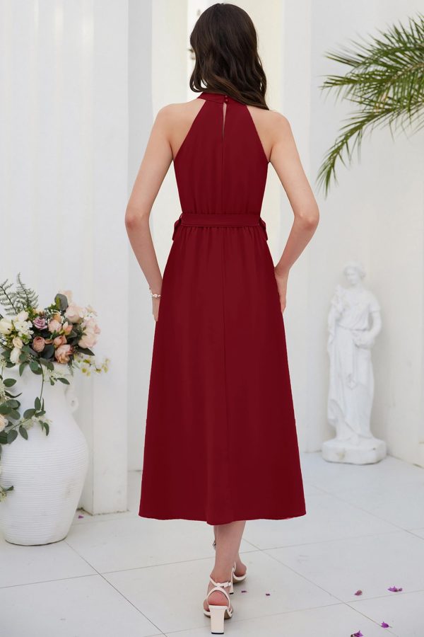 61naabmPHpL.jpg Women's 2024 Summer Sleeveless Halter Neck Ruffle Hem Split Flowy Swing Long Midi Dress with Belt