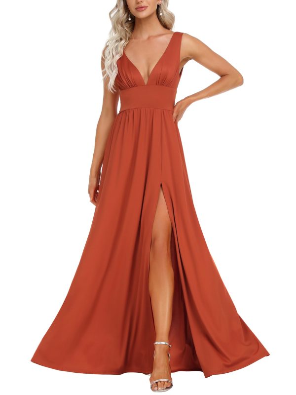 Women's Bridesmaid Dresses Deep V-Neck Sleeveless Side Slit Floor Length Wedding Guest Dress 0168B