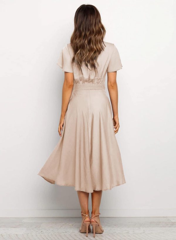Womens Satin V Neck Ruffle Short Sleeve Tie Front High Waist Midi A-Line Maxi Dresses