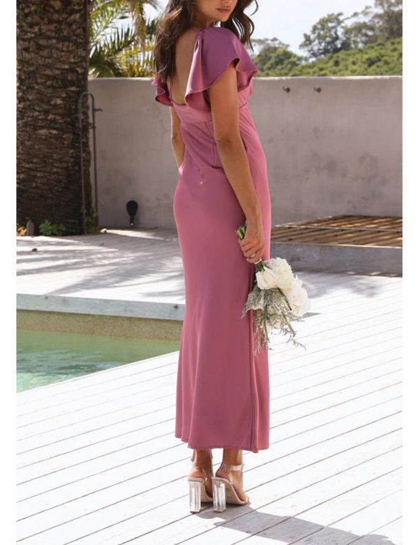 Summer Satin Flutter Sleeve Wedding Guest Dresses for Women Sweetheart Neckline Cutout Tie Back Midi Cocktail Dress