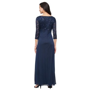 Women's Long Mother of The Bride Dress with Stretch Lace Bodice & Hip Embellishment (Petite and Regular Sizes)