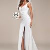 Women's Classic V-Neck Mermaid Bodycon Slit Wedding Dresses for Bride White 0121B