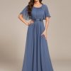 Women's Classic Round Neck Pleated Short Sleeves Chiffon Appliques Floor Length A Line Evening Dresses 02960