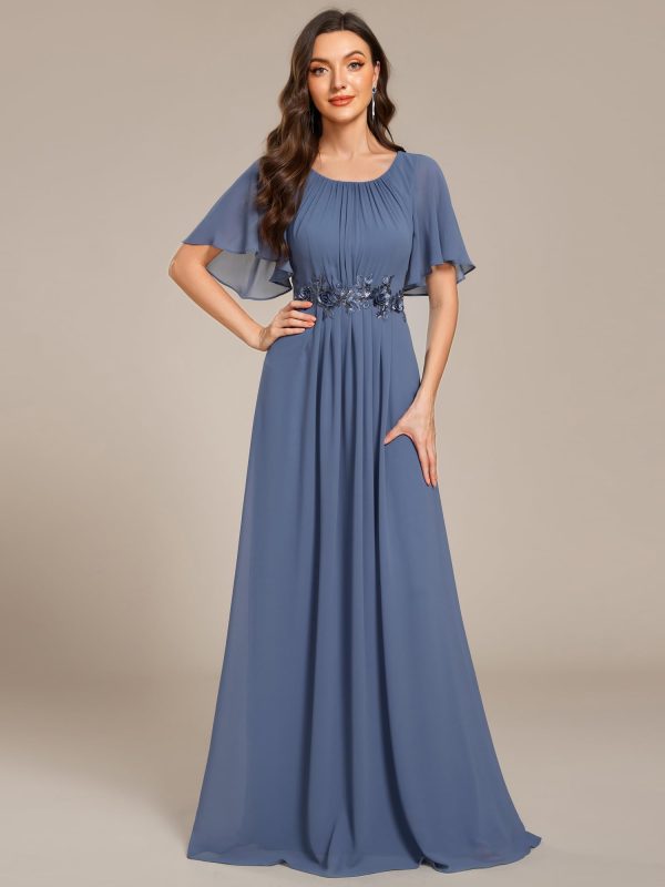 61rXyvznwaL.jpg Women's Classic Round Neck Pleated Short Sleeves Chiffon Appliques Floor Length A Line Evening Dresses 02960