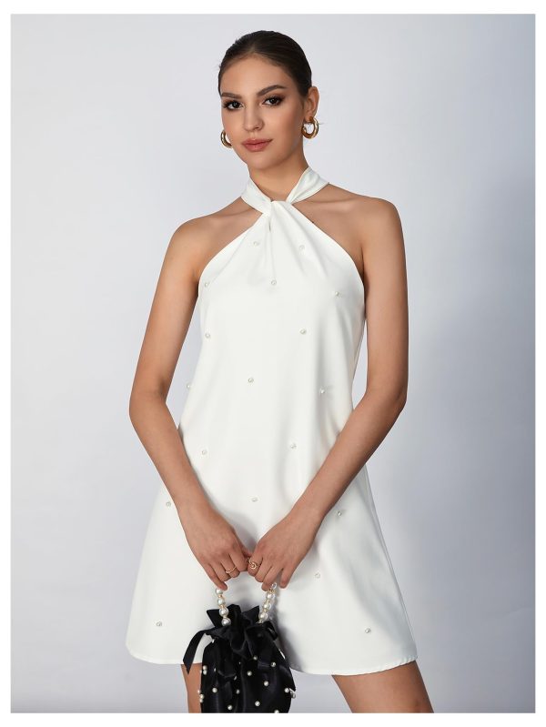 61sQMoRrLgL.jpg Women's Pearl Beaded Halter Twist Sleeveless Tie Back Dress A Line Dress
