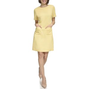 Women's Pleated Trim Short Sleeve High Neck Shift Mini Dress