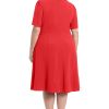 Women's Knit Eyelet Short Sleeve Crepe Inset Waist Midi with Button Detail