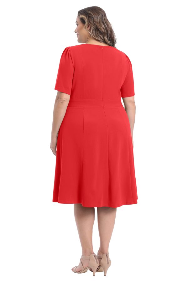 61tq5KggHDL.jpg Women's Knit Eyelet Short Sleeve Crepe Inset Waist Midi with Button Detail