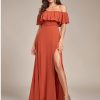 Women's Elegant Off The Shoulder Side Split High Waist Flowy Chiffon Maxi Bridesmaid Dress 00968