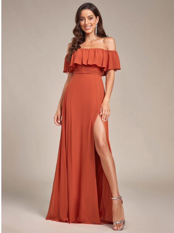 Women's Elegant Off The Shoulder Side Split High Waist Flowy Chiffon Maxi Bridesmaid Dress 00968
