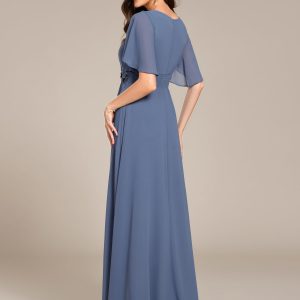 Women's Classic Round Neck Pleated Short Sleeves Chiffon Appliques Floor Length A Line Evening Dresses 02960