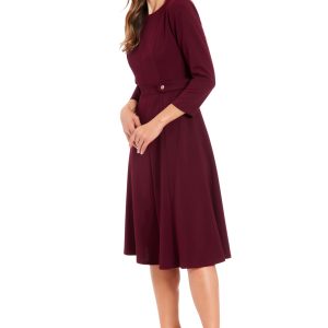 Women's Crepe Fit and Flare Midi with Waist Button Detail