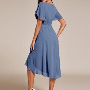 Women's Chiffon Crew Neck Pleated Waist Short Sleeve Wedding Guest Dress 02053