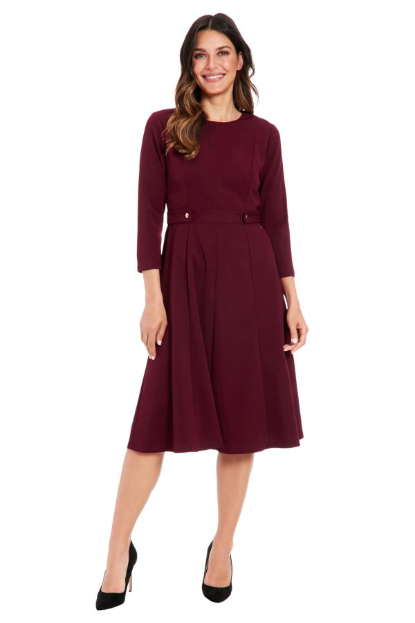 Women's Crepe Fit and Flare Midi with Waist Button Detail