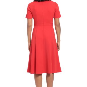 Women's Knit Eyelet Short Sleeve Crepe Inset Waist Midi with Button Detail