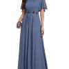 Women's Classic Round Neck Pleated Short Sleeves Chiffon Appliques Floor Length A Line Evening Dresses 02960