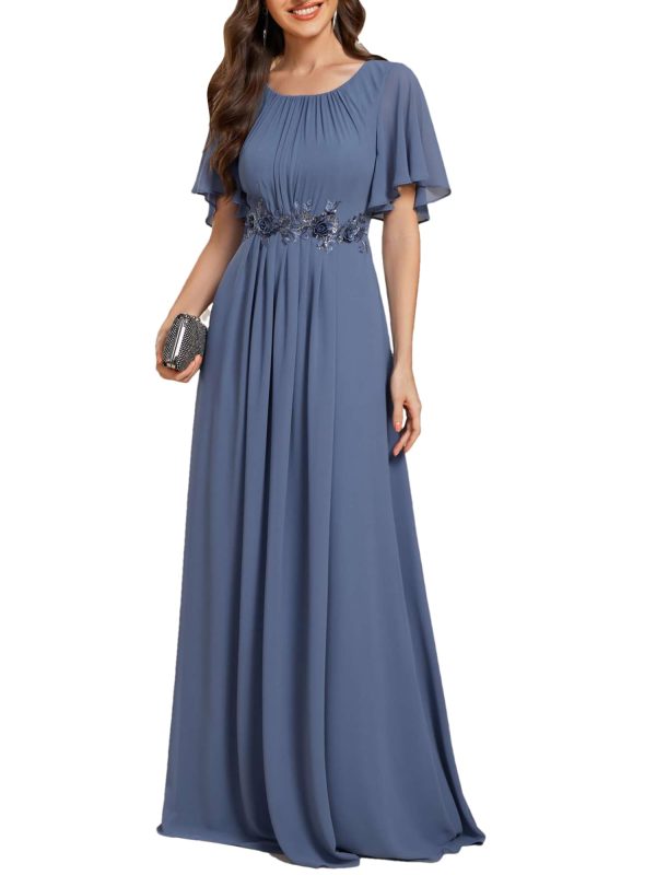 61xDb-oLJdL.jpg Women's Classic Round Neck Pleated Short Sleeves Chiffon Appliques Floor Length A Line Evening Dresses 02960