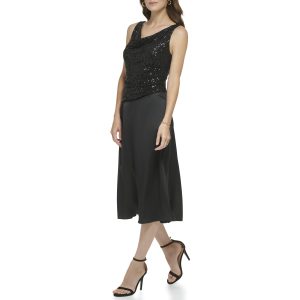 womens Mix Media Satin Back Crepe Cowl Neck Dress