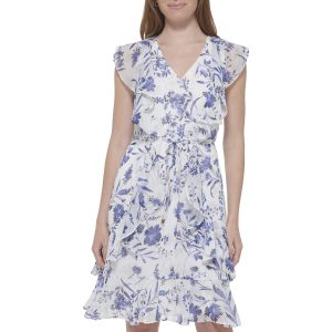 Women's Ruffle Trim Tie Waist Chiffon Mini Dress