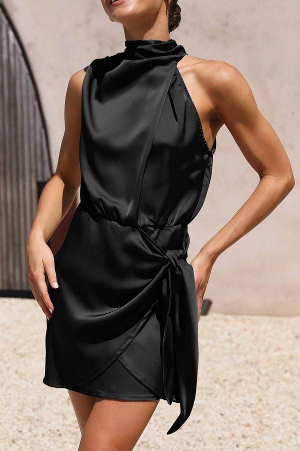 Women's Short Formal Satin Dress Summer Sleeveless Mock Neck Tie Waist Cocktail Party Dresses