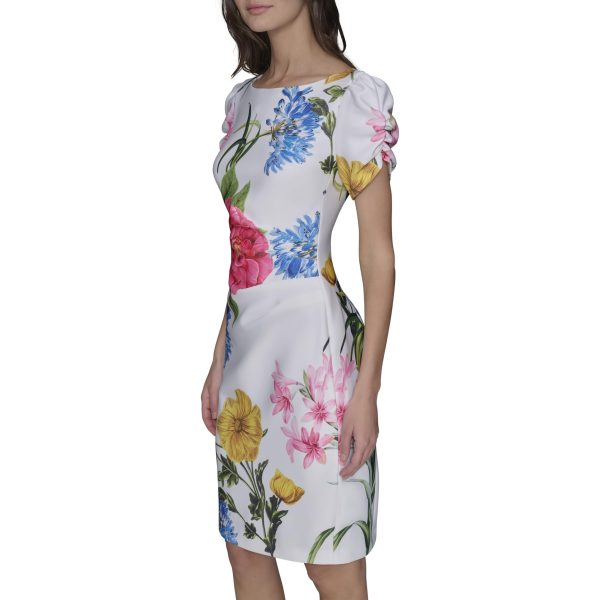 7116yEL-ILL.jpg Women's Short Ruched Sleeve Jewel Neck Sheath Mini Dress