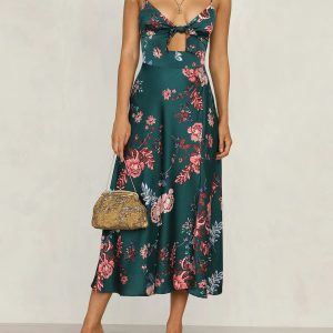 Women Spaghetti Strap Midi Satin Dresses Tie Front Backless Split Hollow Dress