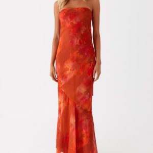Women Strapless Floral Dress with Sarf Mesh Tube Maxi Dress Summer Cocktail Wedding Guest