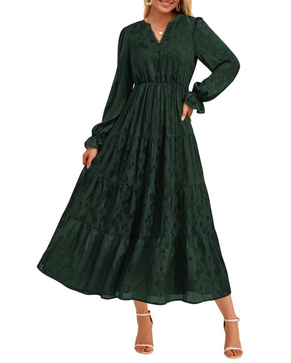 Dresses for Women 2025 Elegant Classy Wedding Guest Maxi Long Sleeve Empire Waist Ruffle Tiered A Line Long Dress