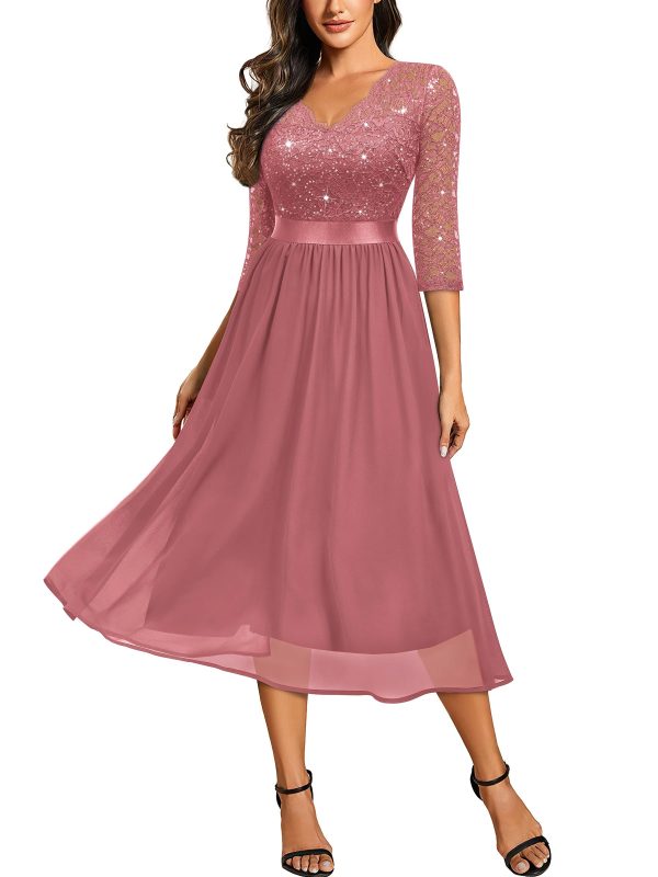 7150OPrswbL.jpg Women's Elegant V Neck Sequin Lace Sleeve Bridesmaid Party A-line Dress