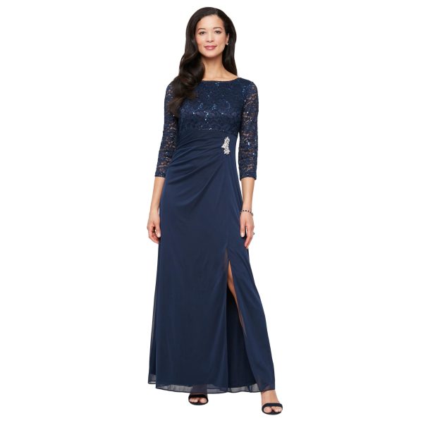 Women's Long Mother of The Bride Dress with Stretch Lace Bodice & Hip Embellishment (Petite and Regular Sizes)