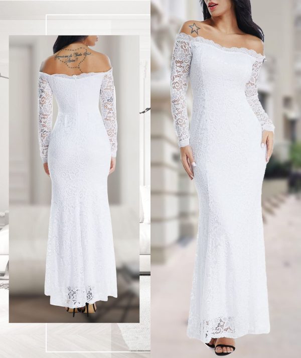 7165muIXQL.jpg Women's Floral Lace Long Sleeve Off Shoulder Wedding Mermaid Dress