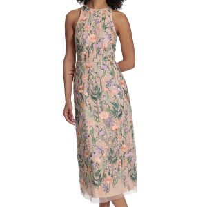 Women's Garden Embroidered Mesh Halter Midi Dress-Perfect for Wedding Guest & Special Occasions