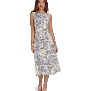 Women's Sleeveless Boat Neck Fit & Flare Midi Dress