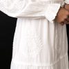 Women's Modest White Full Length Long Sleeve Cotton Special Occasion Dress with Button Down Front
