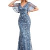Women's Ruffles Sleeves Sequin Embroidery Evening Mother of The Bride Dress 00692