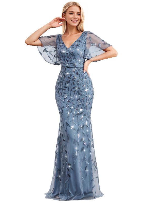 Women's Ruffles Sleeves Sequin Embroidery Evening Mother of The Bride Dress 00692