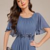 Women's Classic Round Neck Pleated Short Sleeves Chiffon Appliques Floor Length A Line Evening Dresses 02960