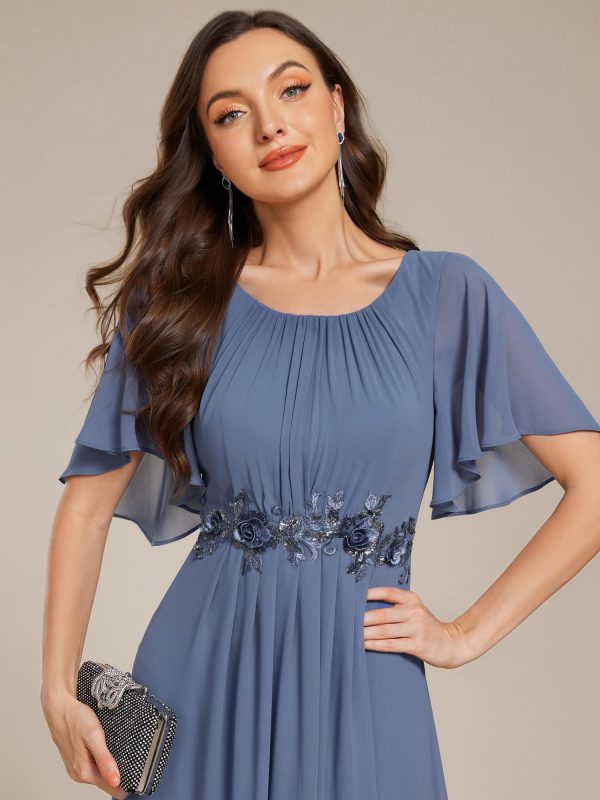 71AIzqA55vL.jpg Women's Classic Round Neck Pleated Short Sleeves Chiffon Appliques Floor Length A Line Evening Dresses 02960