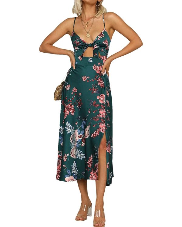 71CSJhGWfxL.jpg Women Spaghetti Strap Midi Satin Dresses Tie Front Backless Split Hollow Dress