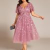 Women's V Neck Short Sleeves Embroidery Empire Waist Sequin Plus Size Midi Cocktail Wedding Guest Dresses 2230-DA