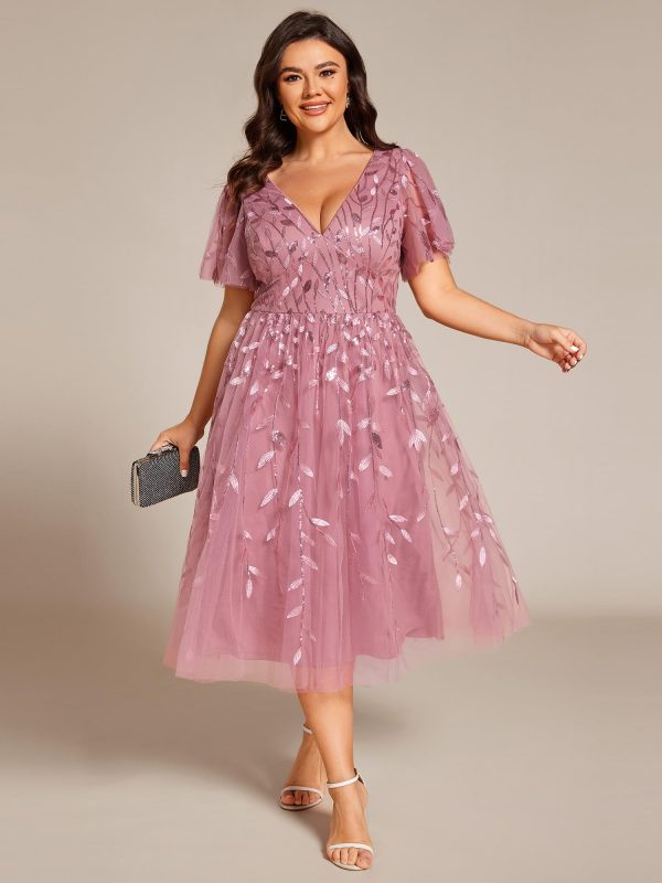 Women's V Neck Short Sleeves Embroidery Empire Waist Sequin Plus Size Midi Cocktail Wedding Guest Dresses 2230-DA