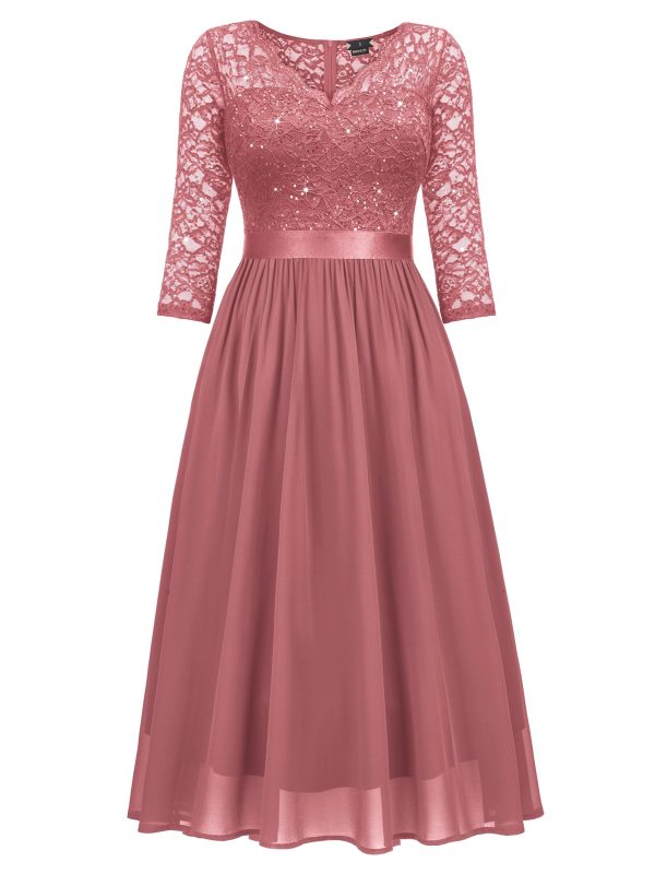 71DRDSGGpgL.jpg Women's Elegant V Neck Sequin Lace Sleeve Bridesmaid Party A-line Dress